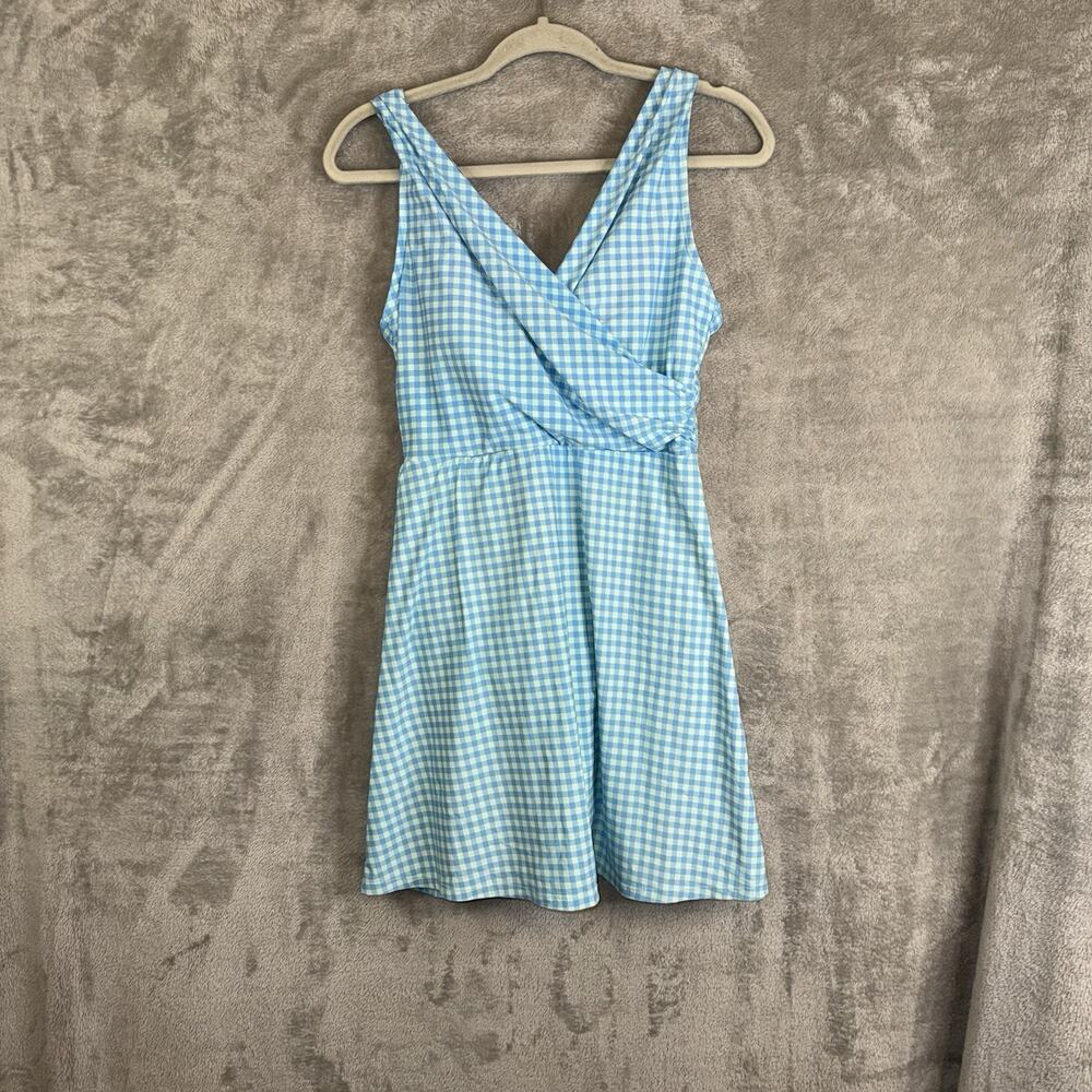 Lands' End Blue Gingham Surplice V-Neck One Piece Swim Dress Size 10